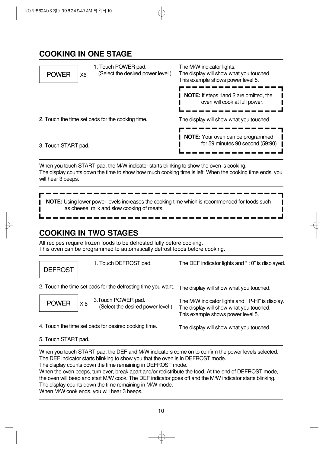 Daewoo KOR-860A manual Cooking in ONE Stage, Cooking in TWO Stages, Power 