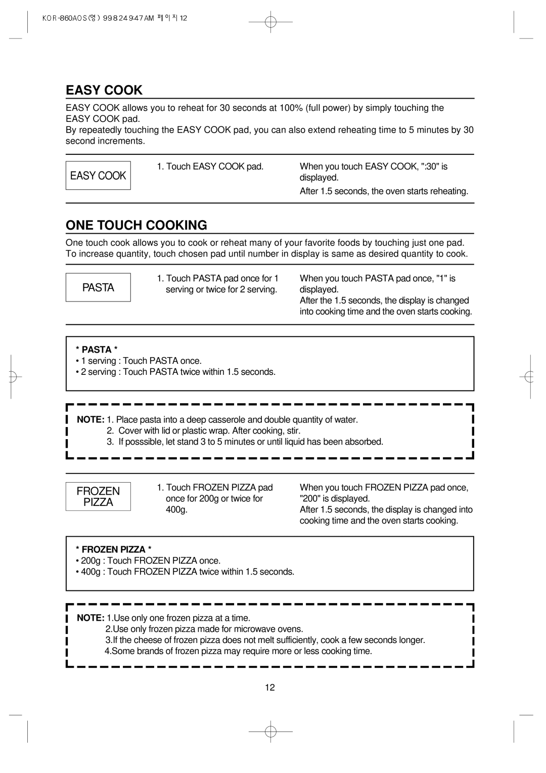 Daewoo KOR-860A manual Easy Cook, ONE Touch Cooking, Pasta, Frozen Pizza 