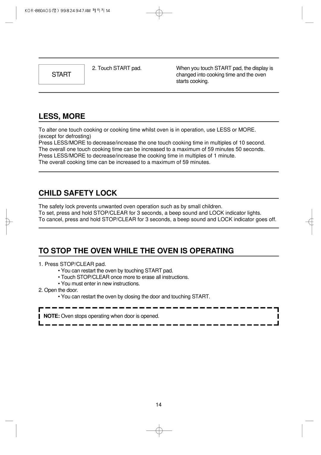 Daewoo KOR-860A manual LESS, More, Child Safety Lock, To Stop the Oven While the Oven is Operating, Start 