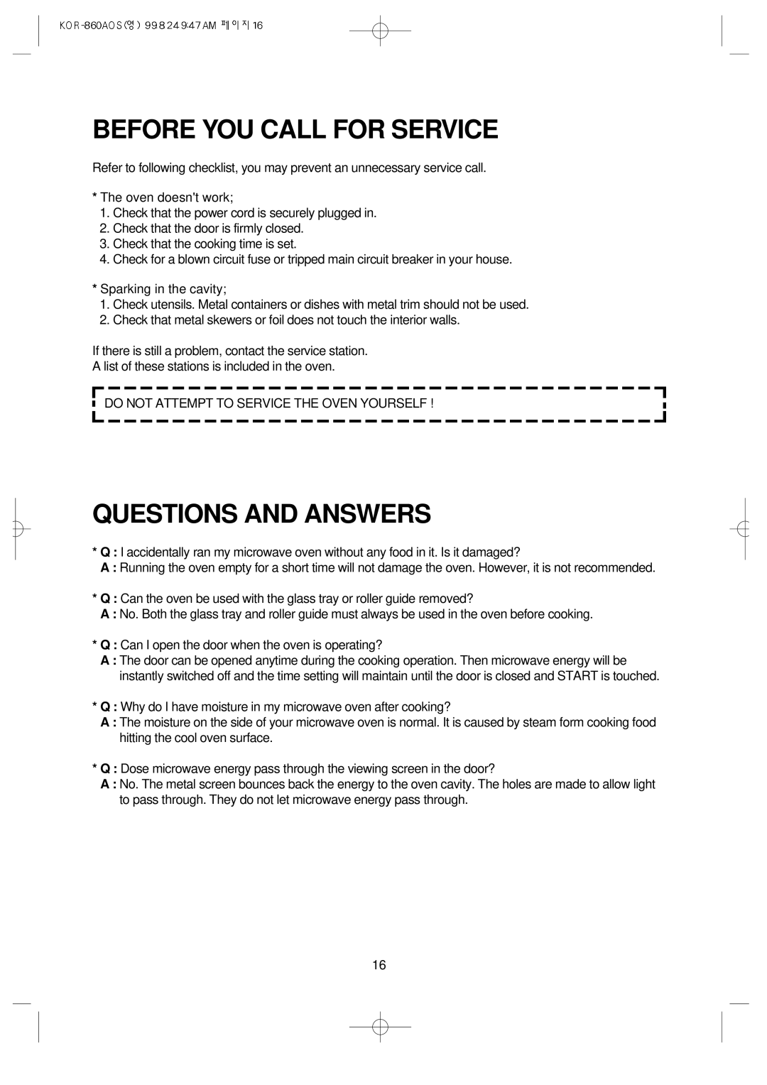 Daewoo KOR-860A manual Before YOU Call for Service, Questions and Answers 