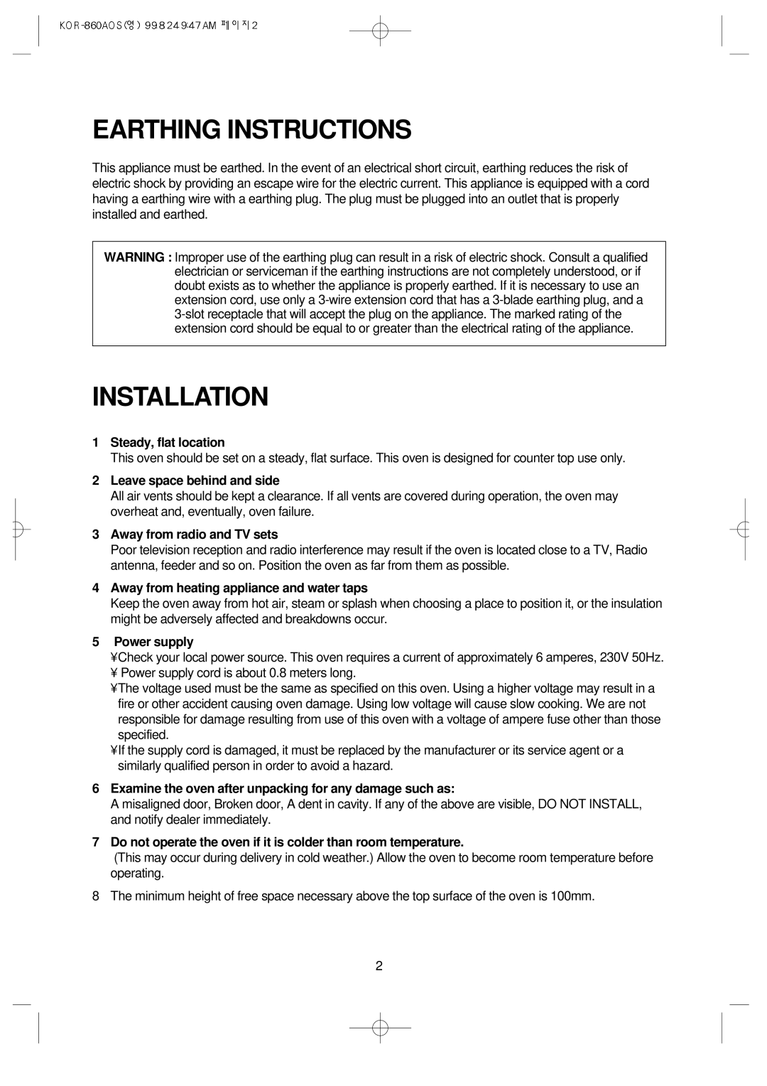 Daewoo KOR-860A manual Earthing Instructions, Installation 