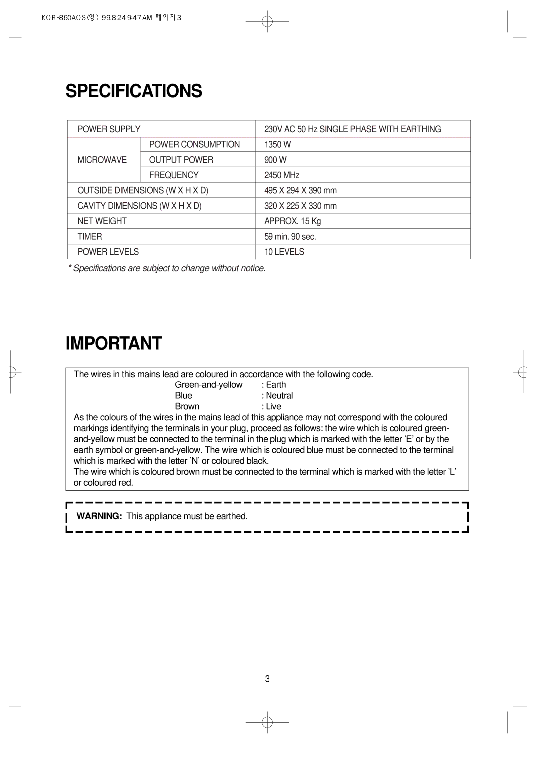 Daewoo KOR-860A manual Specifications are subject to change without notice 