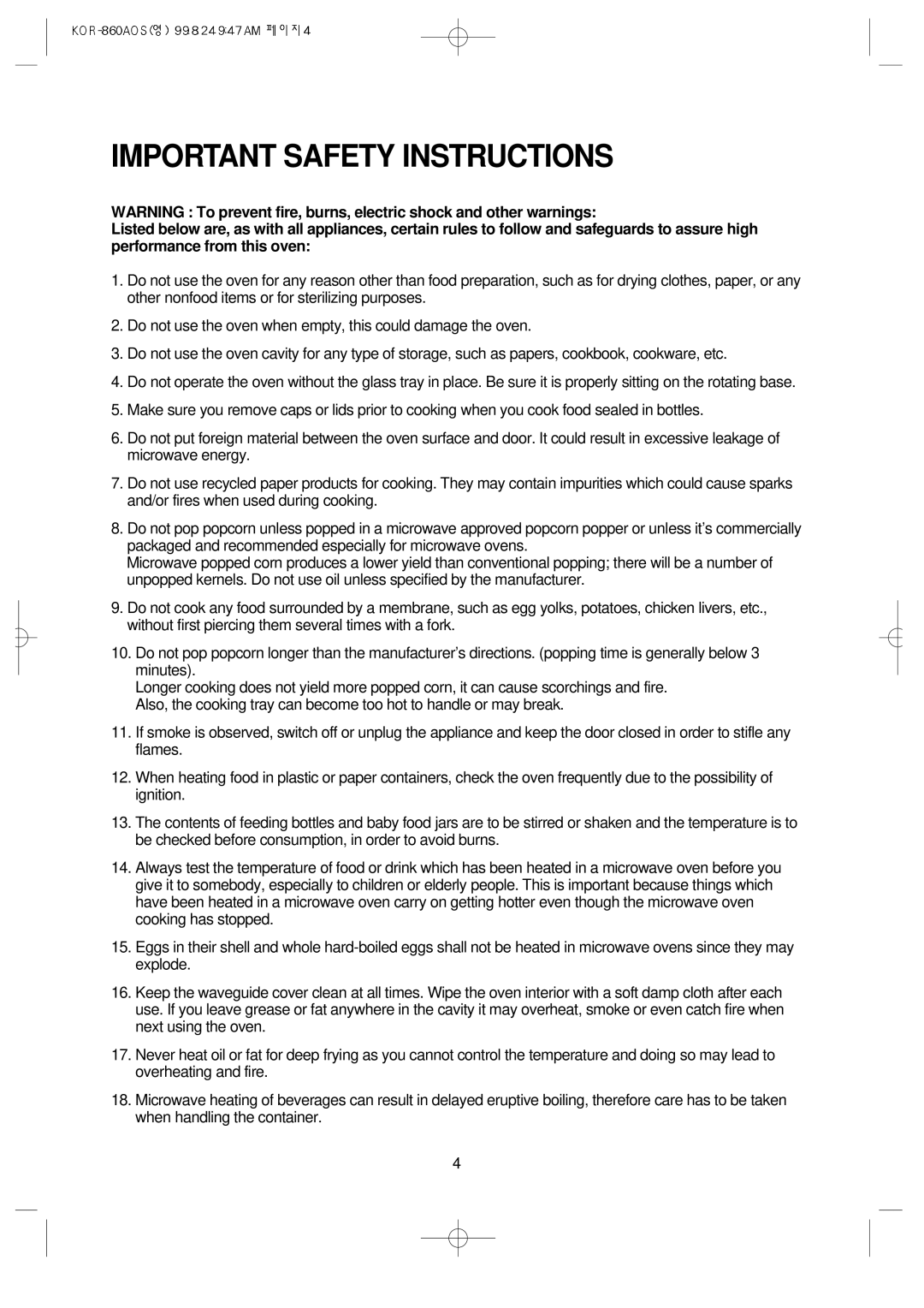 Daewoo KOR-860A manual Important Safety Instructions 