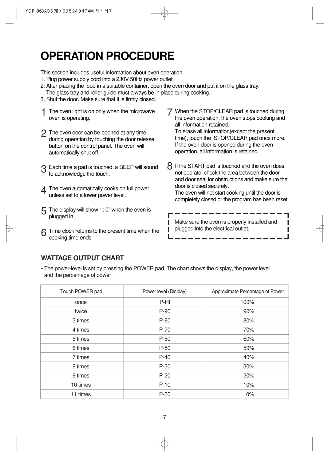 Daewoo KOR-860A manual Operation Procedure, Wattage Output Chart 