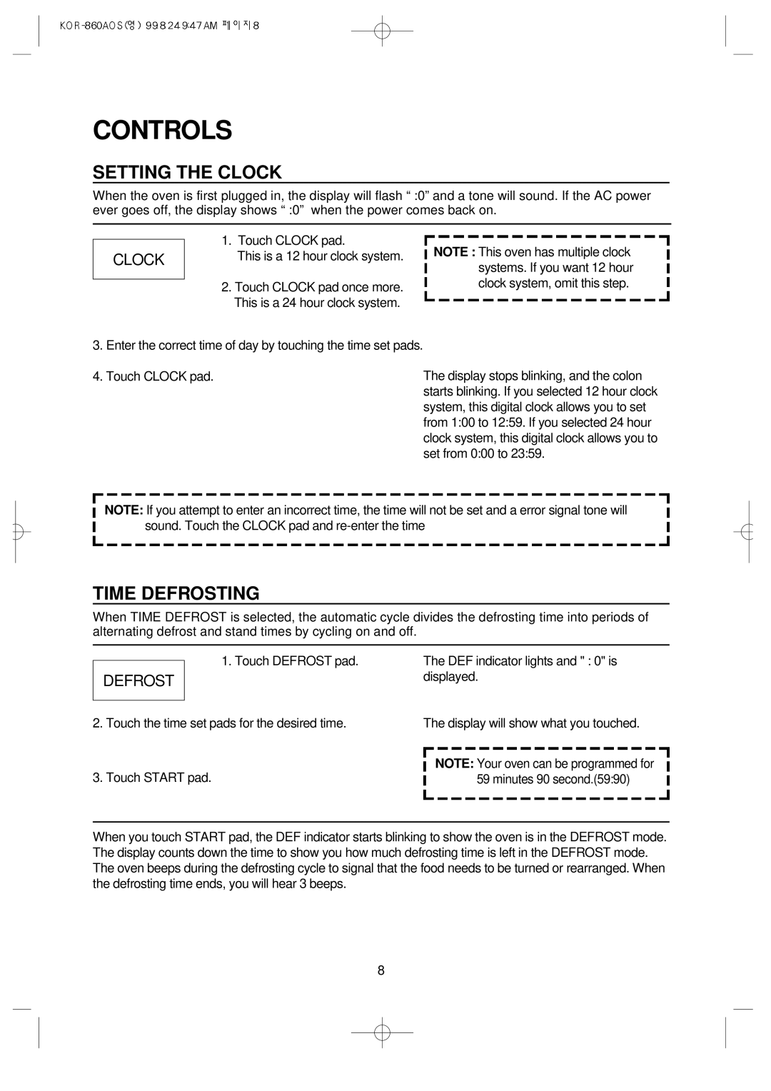 Daewoo KOR-860A manual Controls, Setting the Clock, Time Defrosting 