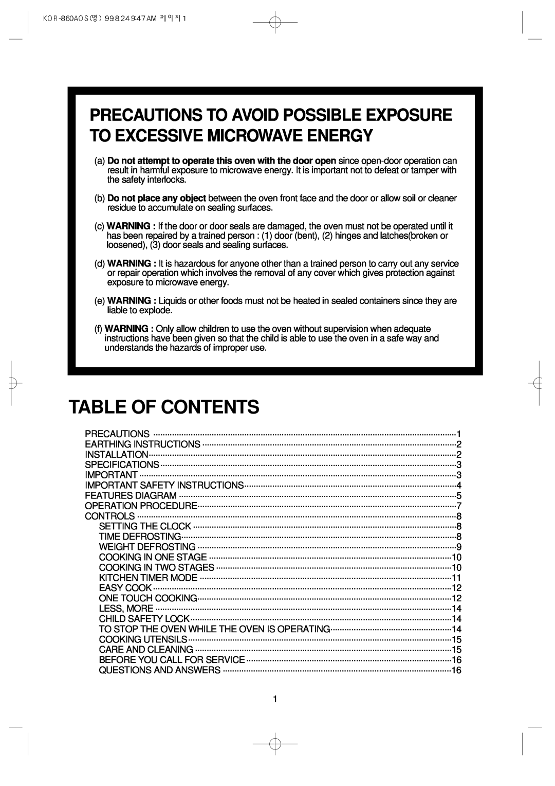 Daewoo KOR-860A manual Table Of Contents, Precautions To Avoid Possible Exposure To Excessive Microwave Energy 