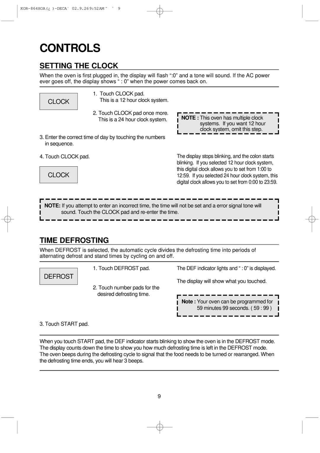 Daewoo KOR-864H operating instructions Controls, Setting the Clock, Time Defrosting 