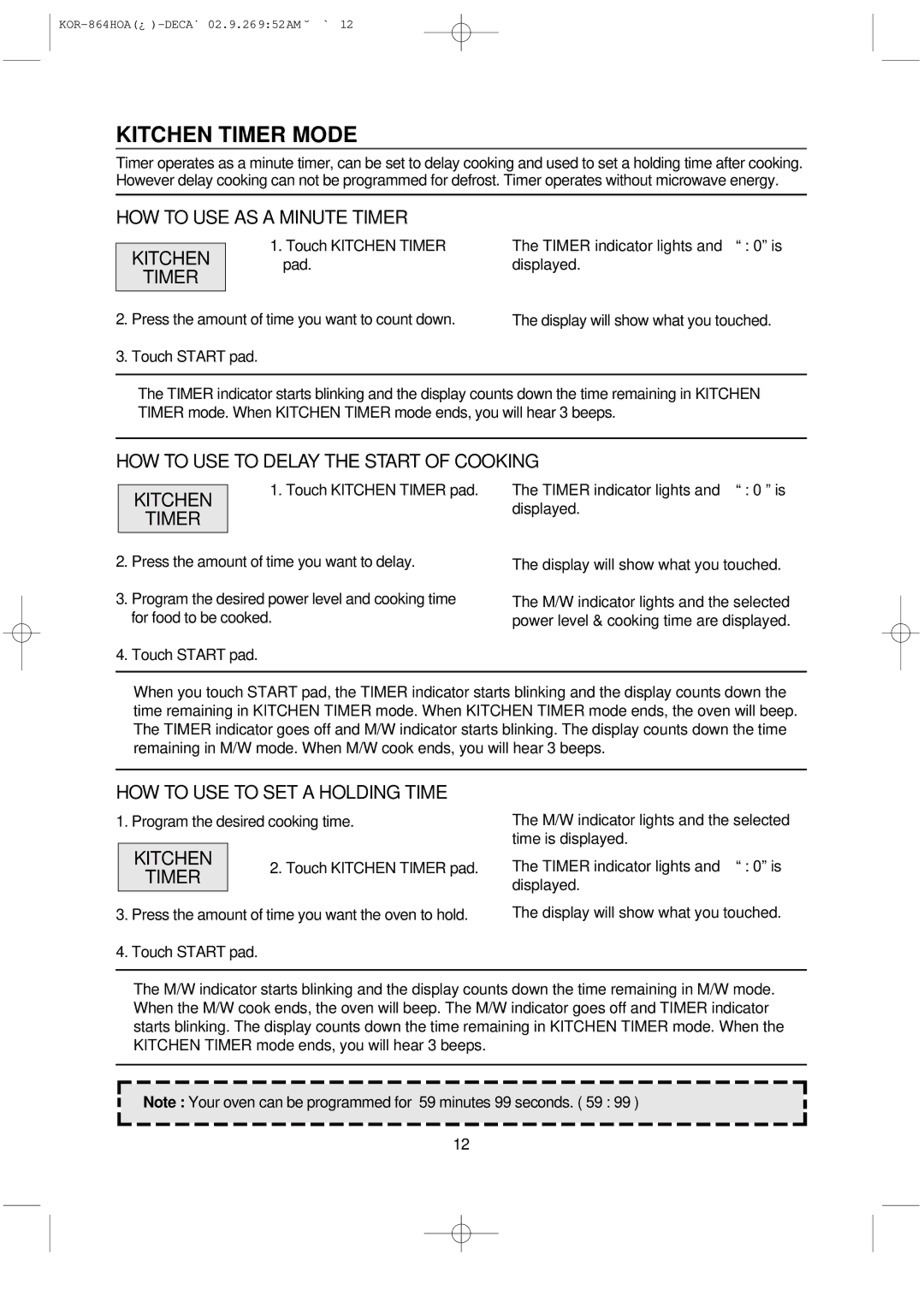 Daewoo KOR-864H Kitchen Timer Mode, HOW to USE AS a Minute Timer Kitchen, HOW to USE to SET a Holding Time 