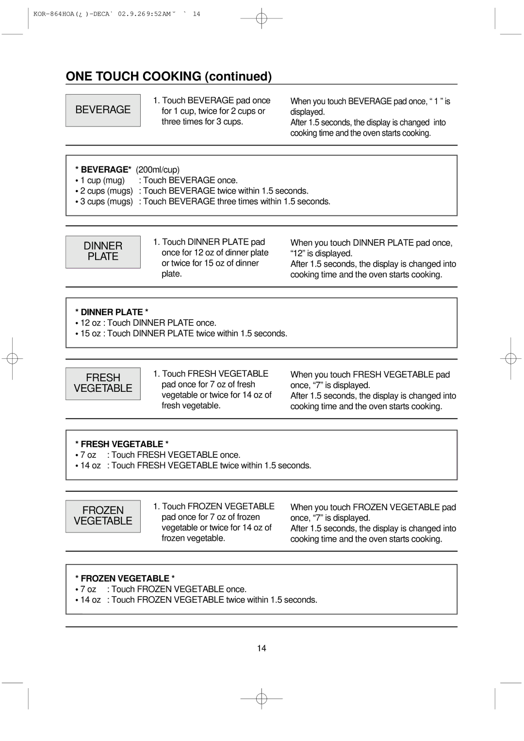 Daewoo KOR-864H operating instructions Beverage, Dinner Plate, Fresh Vegetable, Frozen Vegetable 