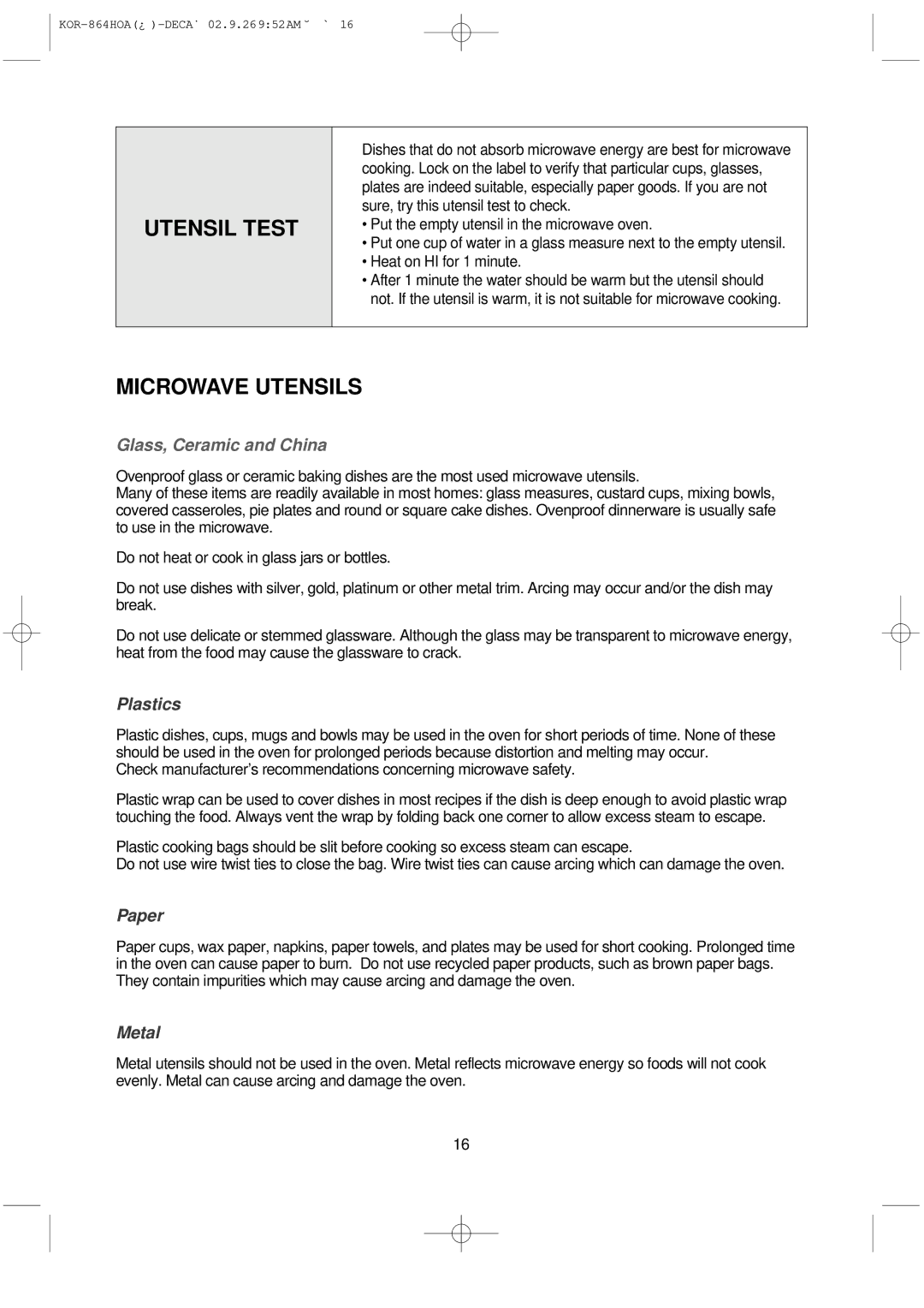 Daewoo KOR-864H operating instructions Utensil Test, Microwave Utensils 