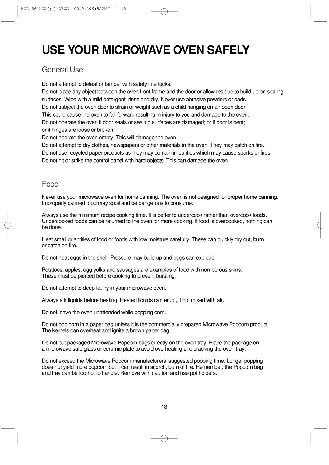 Daewoo KOR-864H operating instructions USE Your Microwave Oven Safely, General Use 