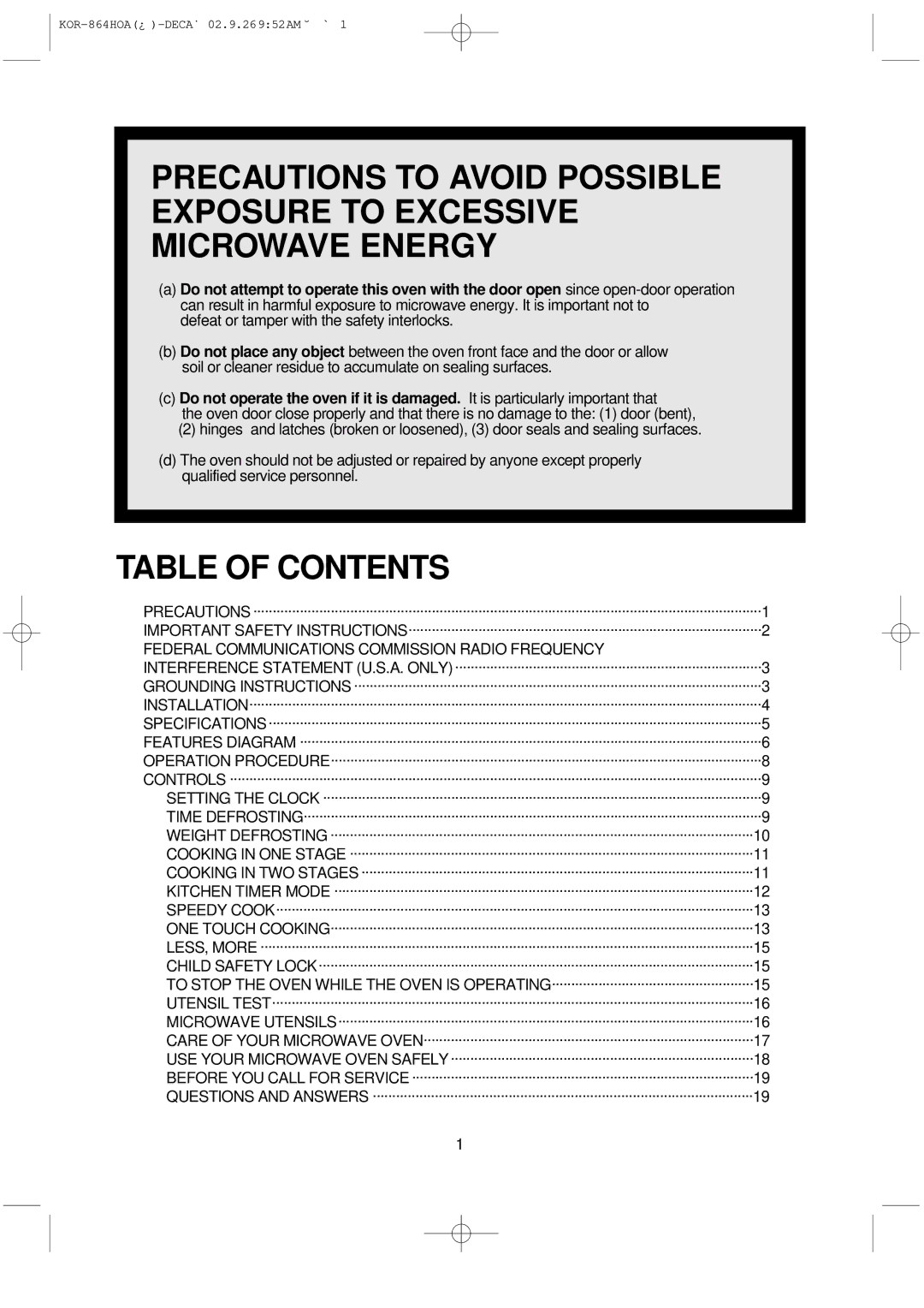 Daewoo KOR-864H operating instructions Table of Contents 