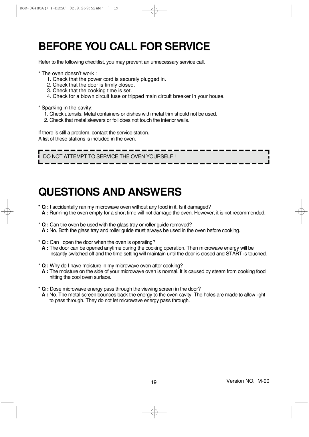 Daewoo KOR-864H operating instructions Before YOU Call for Service, Questions and Answers 