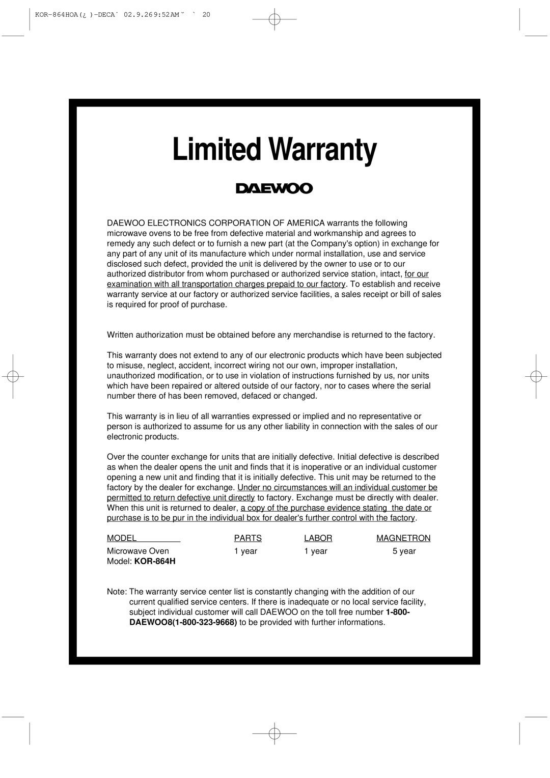 Daewoo KOR-864H operating instructions Limited Warranty 