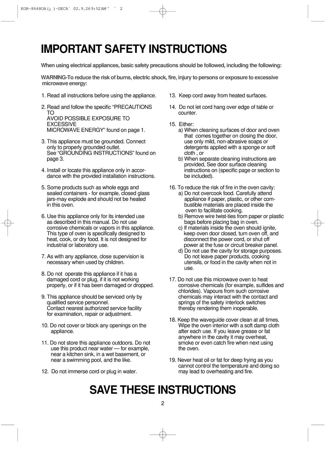 Daewoo KOR-864H operating instructions Important Safety Instructions, Avoid Possible Exposure to Excessive 