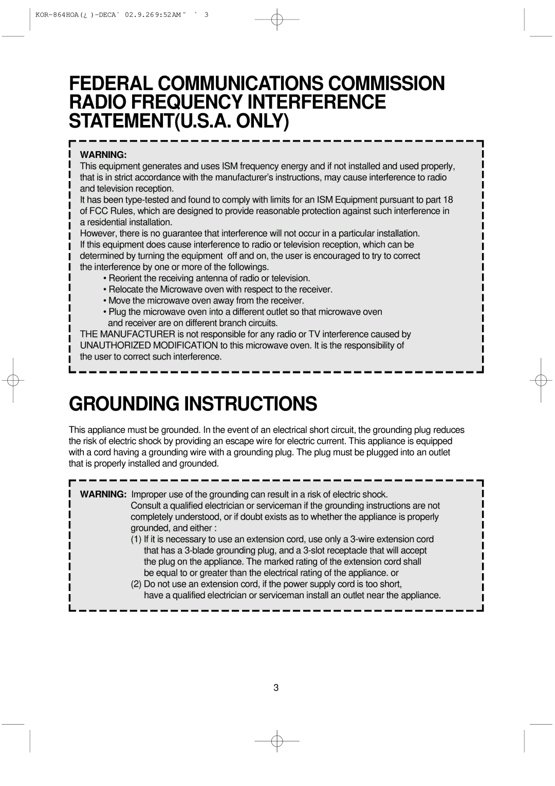 Daewoo KOR-864H operating instructions Grounding Instructions 