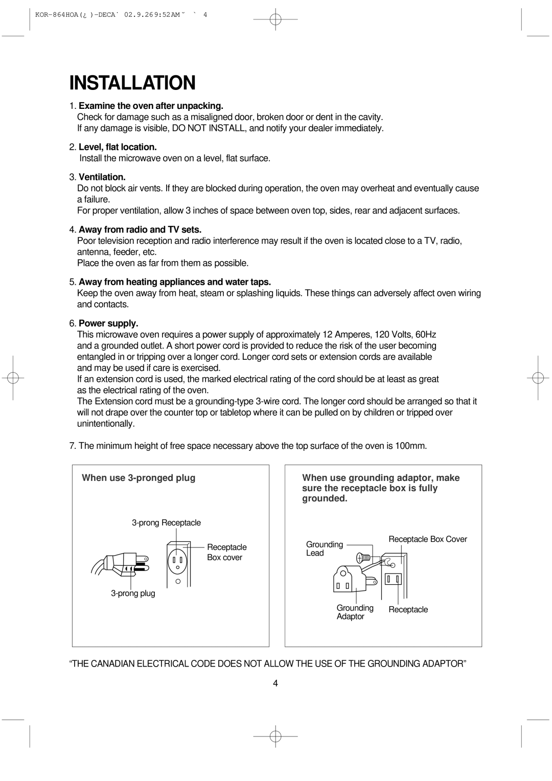 Daewoo KOR-864H operating instructions Installation, Examine the oven after unpacking 