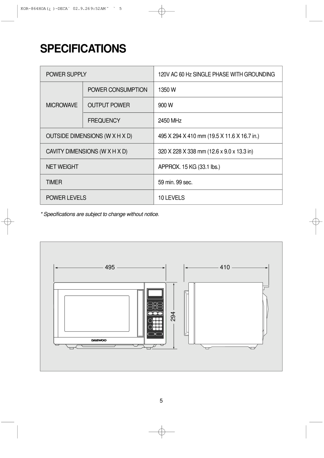 Daewoo KOR-864H operating instructions Specifications, Power Levels 