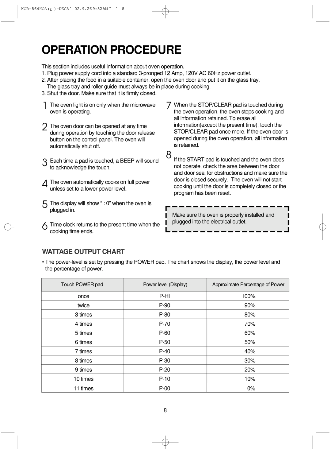 Daewoo KOR-864H operating instructions Operation Procedure, Wattage Output Chart 