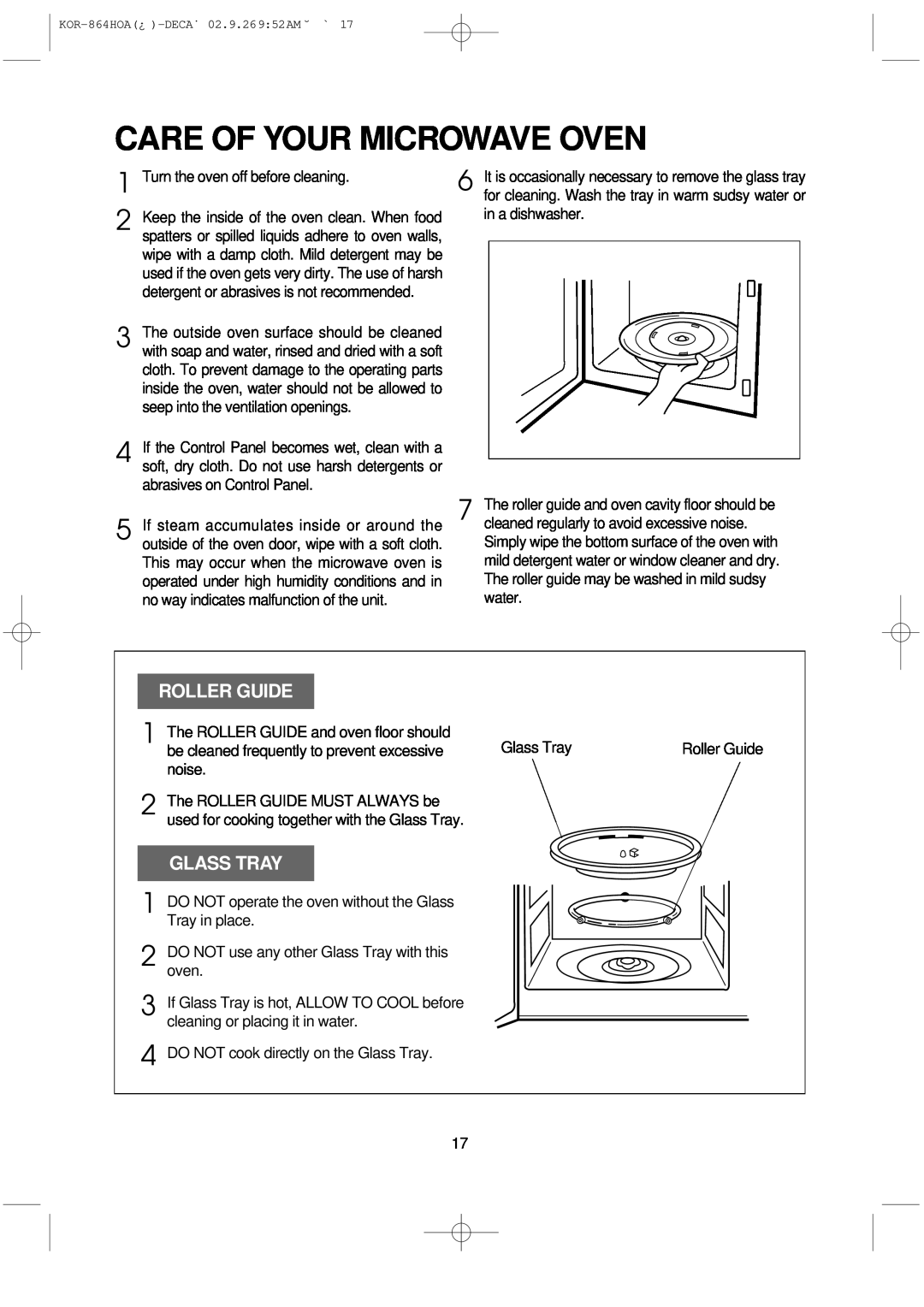 Daewoo KOR-864H operating instructions Care Of Your Microwave Oven, Roller Guide, Glass Tray 