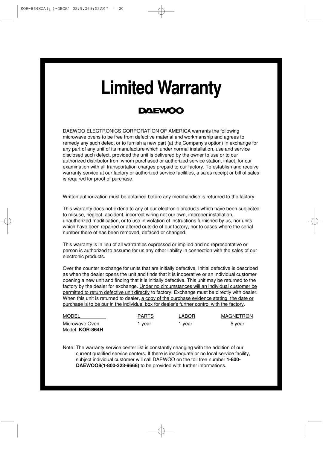 Daewoo operating instructions Limited Warranty, Model KOR-864H 