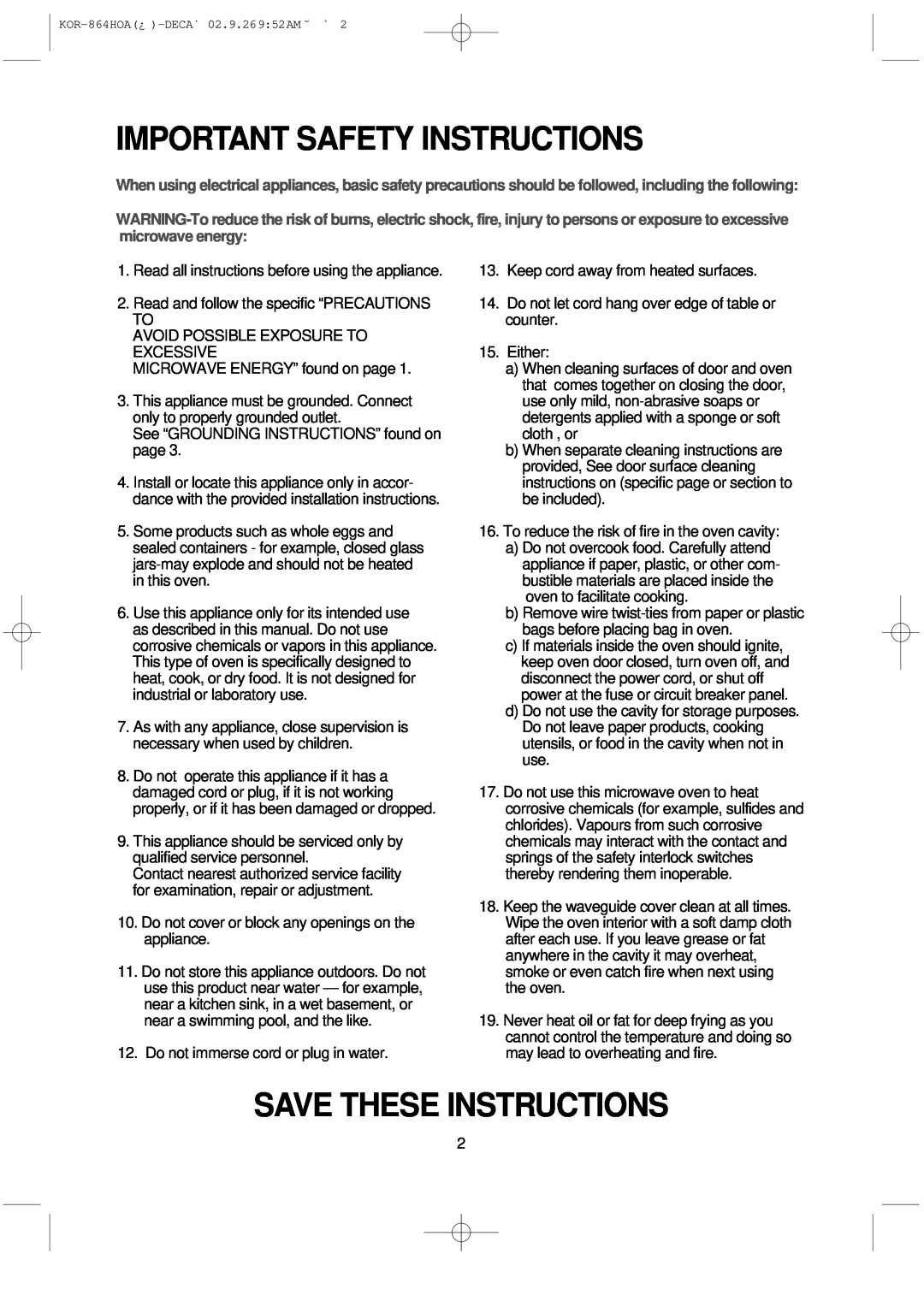 Daewoo KOR-864H operating instructions Important Safety Instructions, Save These Instructions 