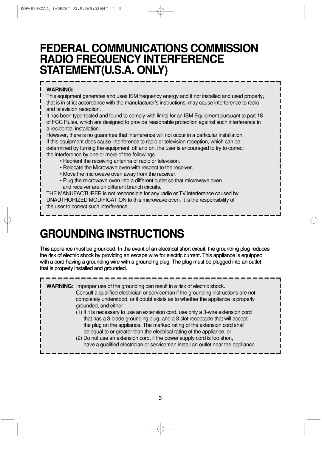 Daewoo KOR-864H operating instructions Grounding Instructions 