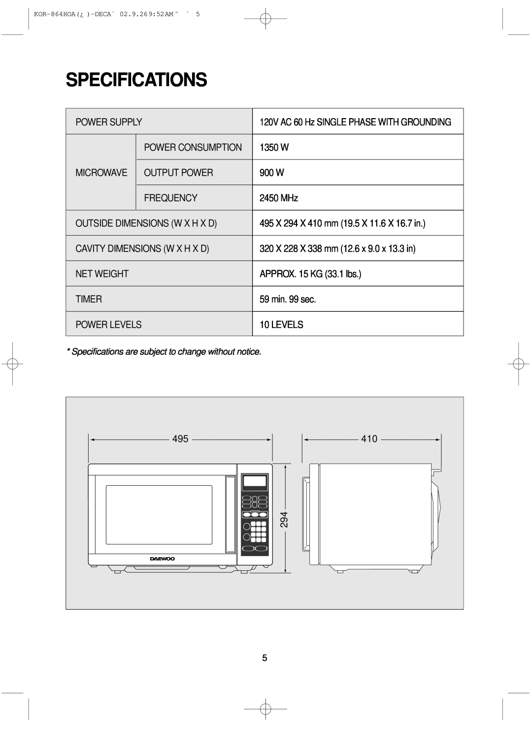 Daewoo KOR-864H operating instructions Specifications 