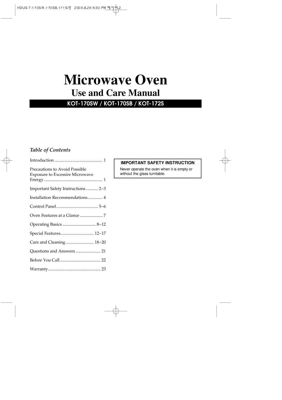 Daewoo KOT-170SB, KOT-170SW, KOT-172S important safety instructions Microwave Oven 