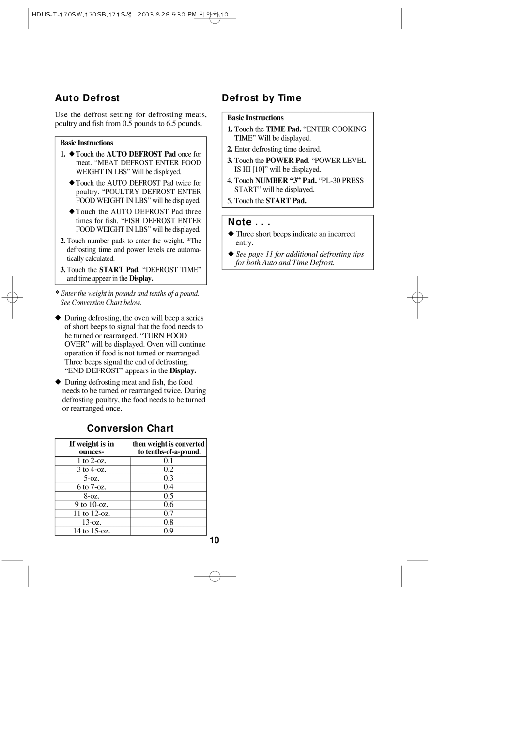 Daewoo KOT-172S, KOT-170SW, KOT-170SB Auto Defrost Defrost by Time, Conversion Chart, If weight is 