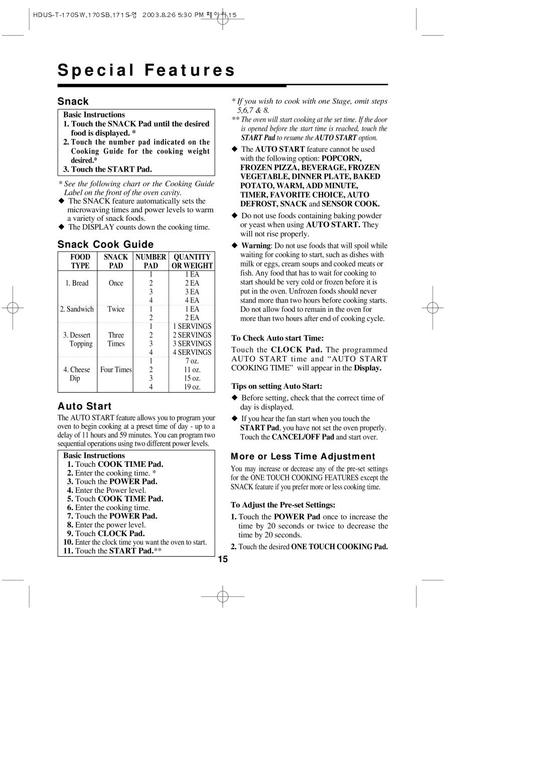 Daewoo KOT-170SB, KOT-170SW, KOT-172S important safety instructions Snack Cook Guide, Auto Start 