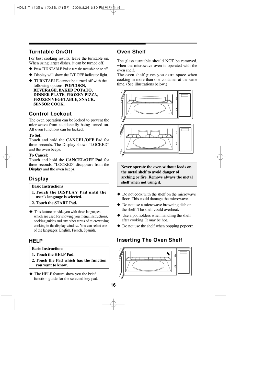 Daewoo KOT-172S, KOT-170SW, KOT-170SB Turntable On/Off, Control Lockout, Display, Inserting The Oven Shelf 