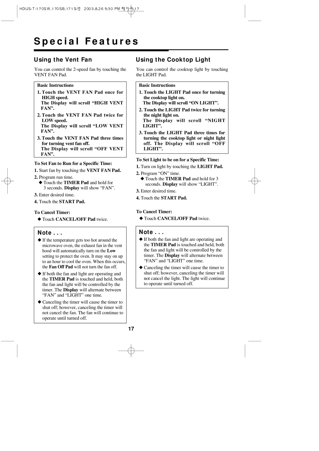 Daewoo KOT-170SW, KOT-170SB Using the Vent Fan, Using the Cooktop Light, To Cancel Timer Touch CANCEL/OFF Pad twice 