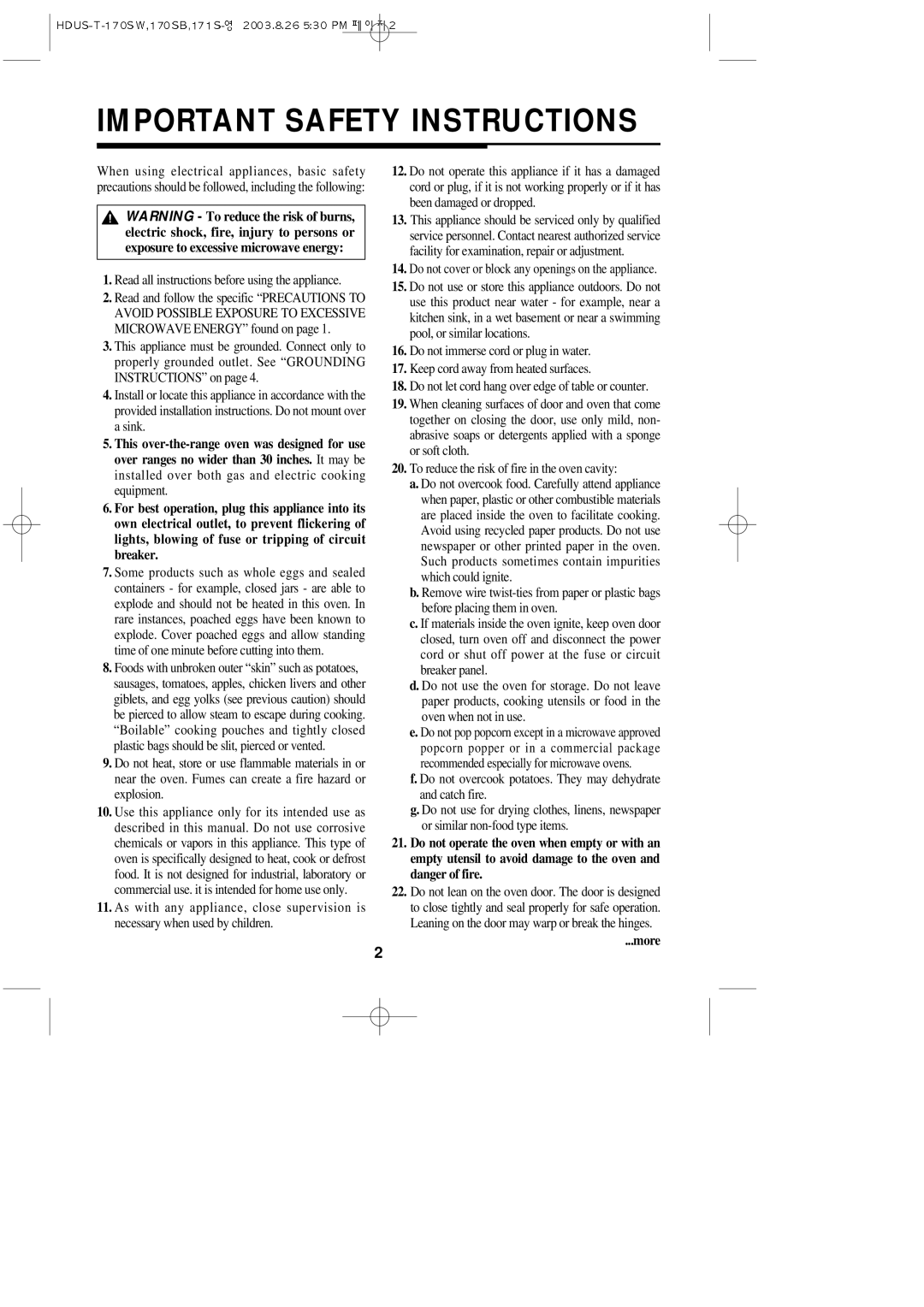 Daewoo KOT-170SW, KOT-170SB, KOT-172S important safety instructions Important Safety Instructions, More 