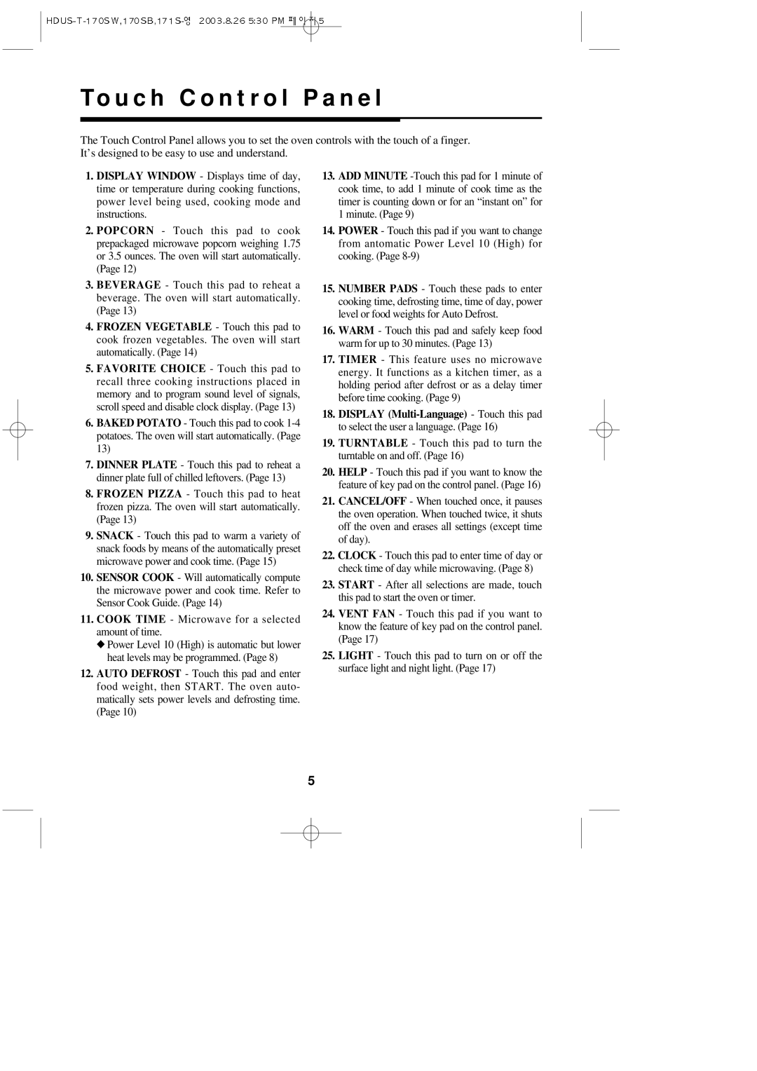 Daewoo KOT-170SW, KOT-170SB, KOT-172S important safety instructions To u c h C o n t r o l P a n e l 