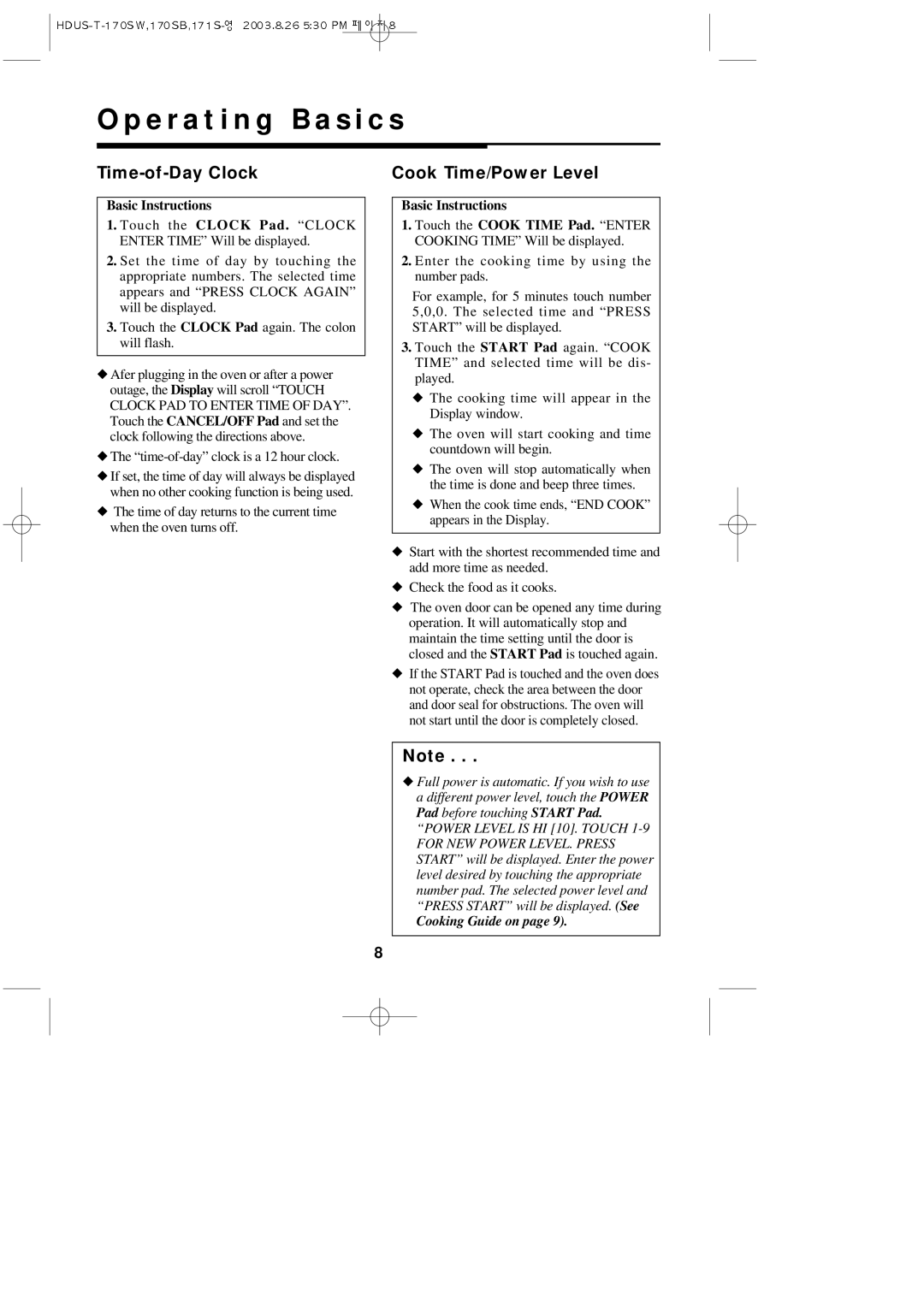 Daewoo KOT-170SW, KOT-170SB E r a t i n g B a s i c s, Time-of-Day Clock Cook Time/Power Level, Basic Instructions 