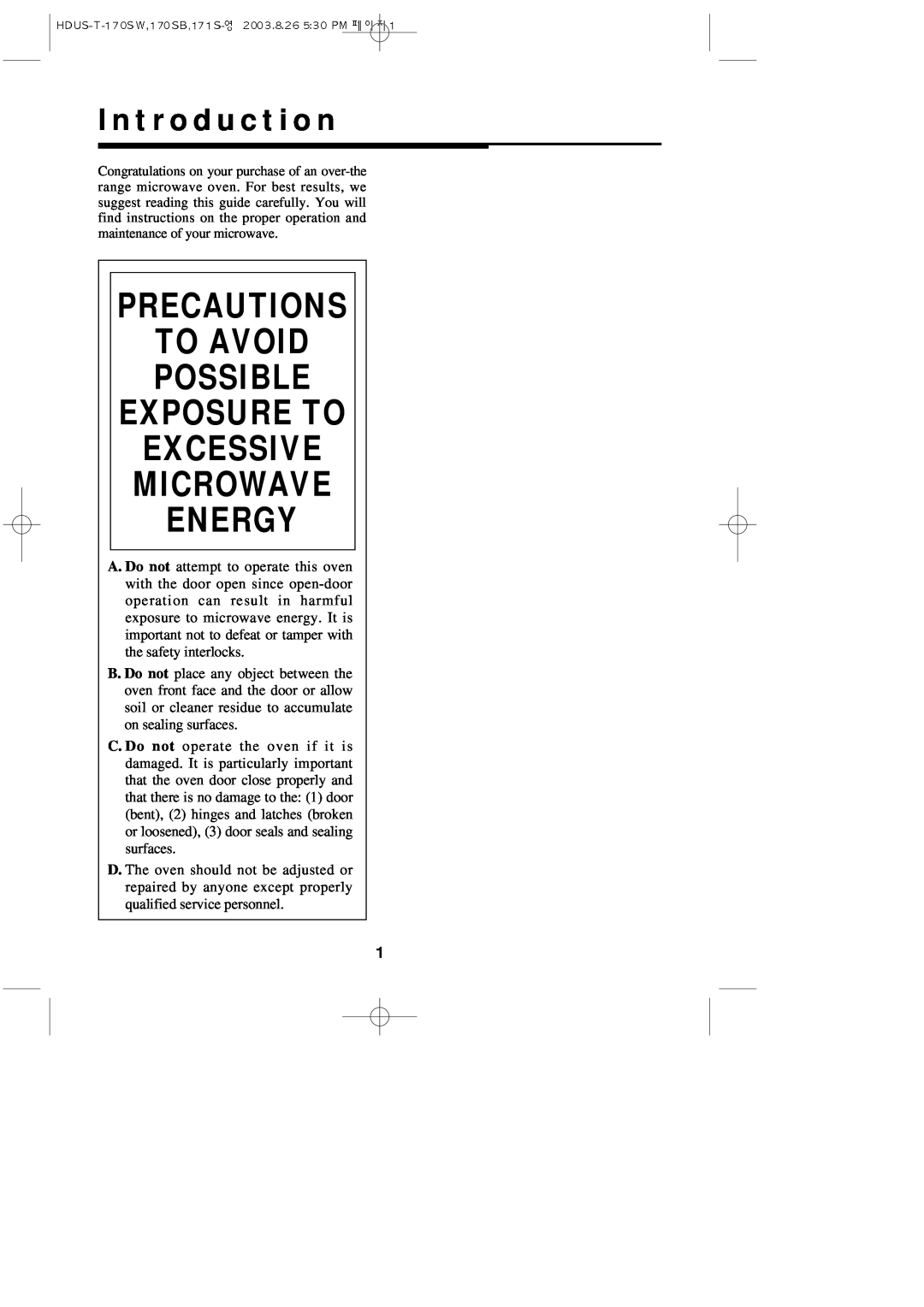 Daewoo KOT-172S, KOT-170SW Precautions To Avoid Possible Exposure To, Excessive Microwave Energy, I n t r o d u c t i o n 