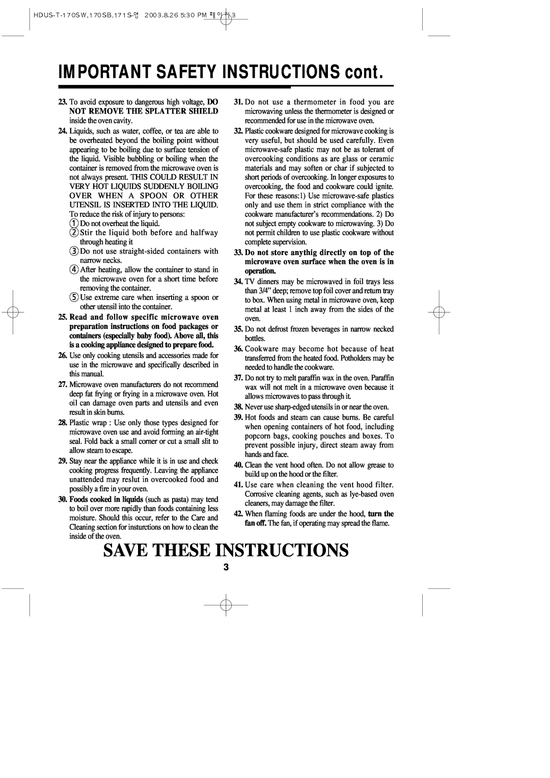 Daewoo KOT-170SB, KOT-170SW, KOT-172S IMPORTANT SAFETY INSTRUCTIONS cont, Save These Instructions 