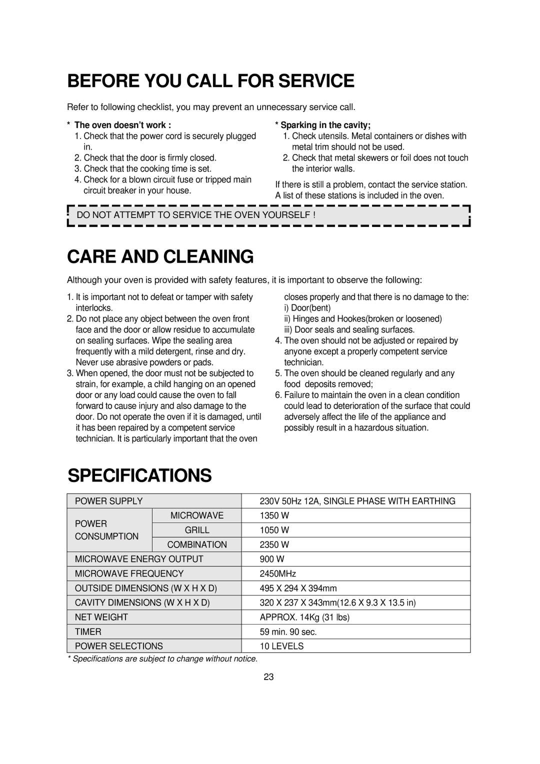 Daewoo KQG-868G7S operating instructions Before YOU Call for Service, Care and Cleaning, Specifications, Oven doesn’t work 