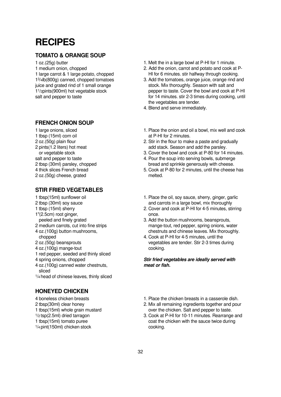 Daewoo KQG-868G7S Recipes, Tomato & Orange Soup, French Onion Soup, Stir Fried Vegetables, Honeyed Chicken 