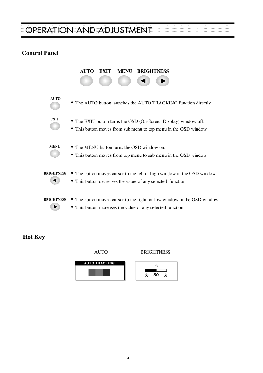 Daewoo L510B1 service manual Operation and Adjustment, Control Panel, Hot Key 