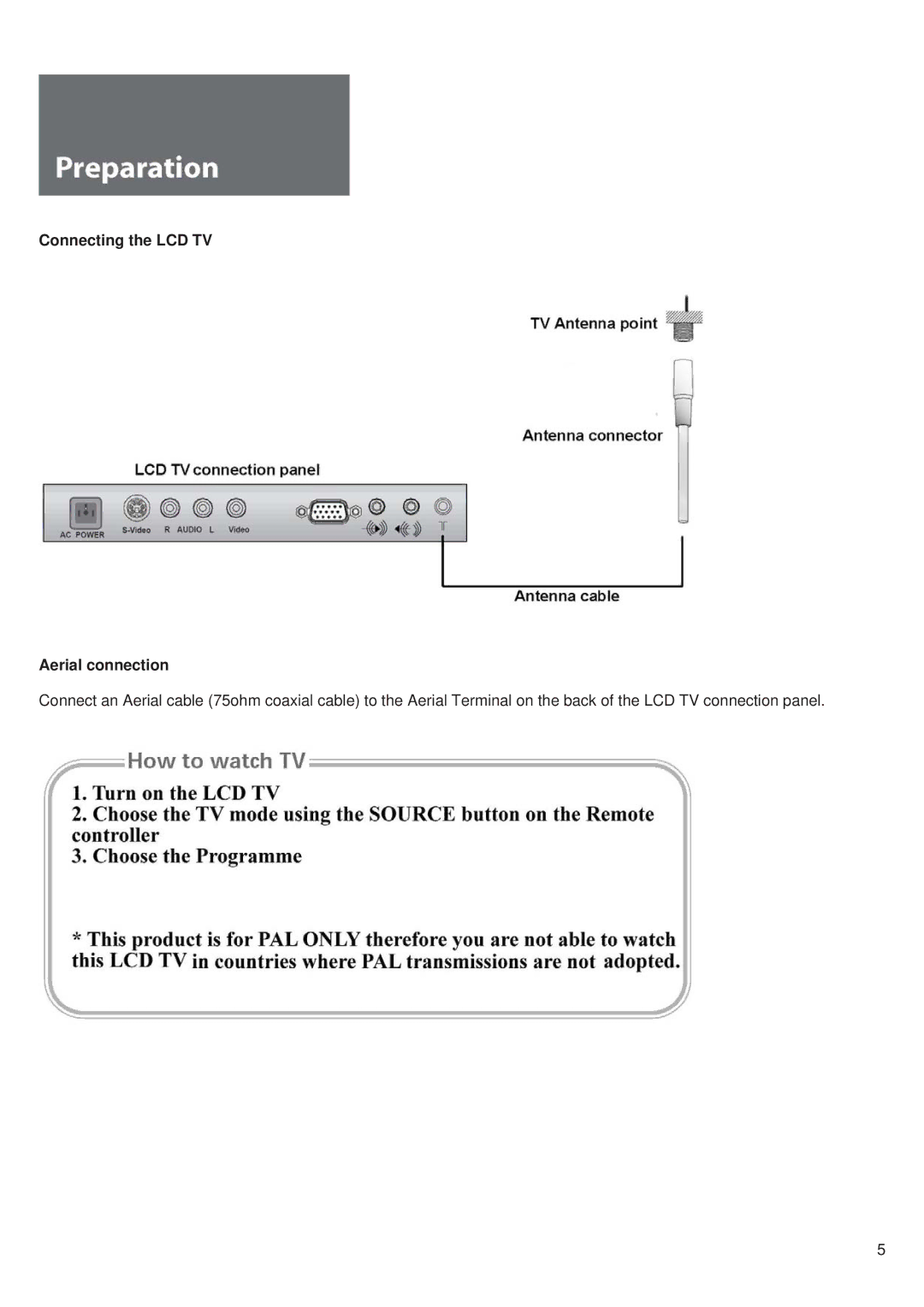 Daewoo L710T manual Connecting the LCD TV Aerial connection 