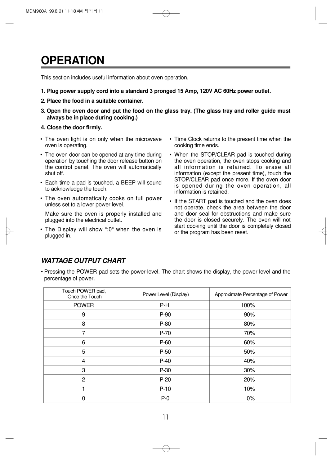 Daewoo MCM980A manual Operation, Wattage Output Chart 