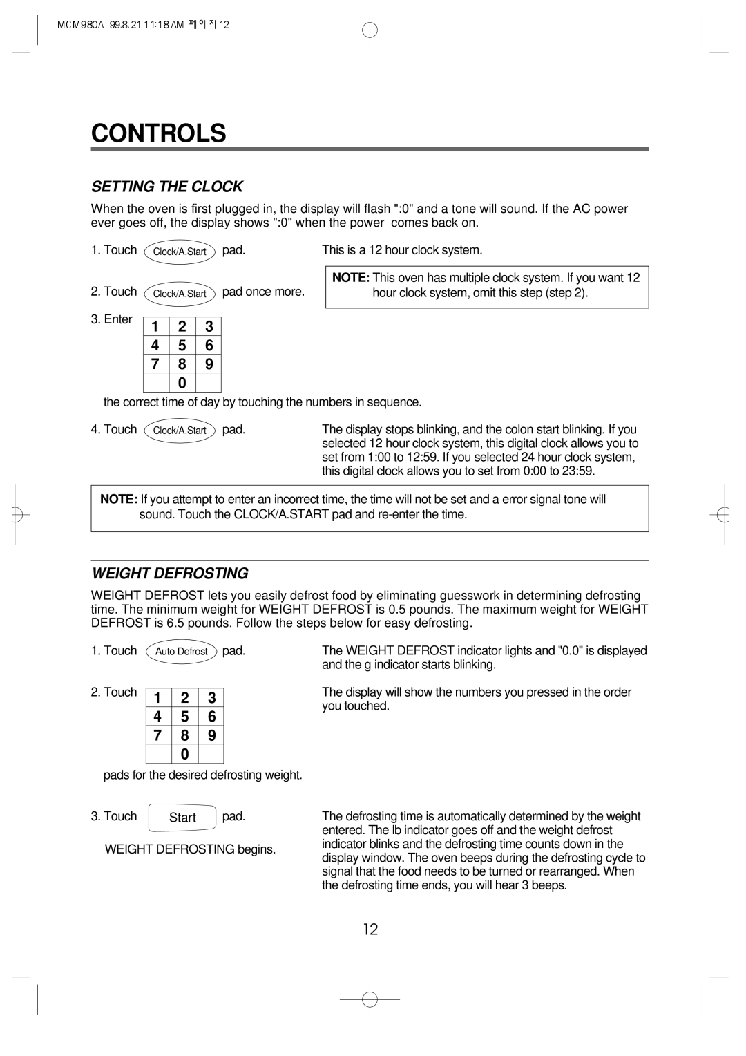 Daewoo MCM980A manual Controls, Setting the Clock, Weight Defrosting 