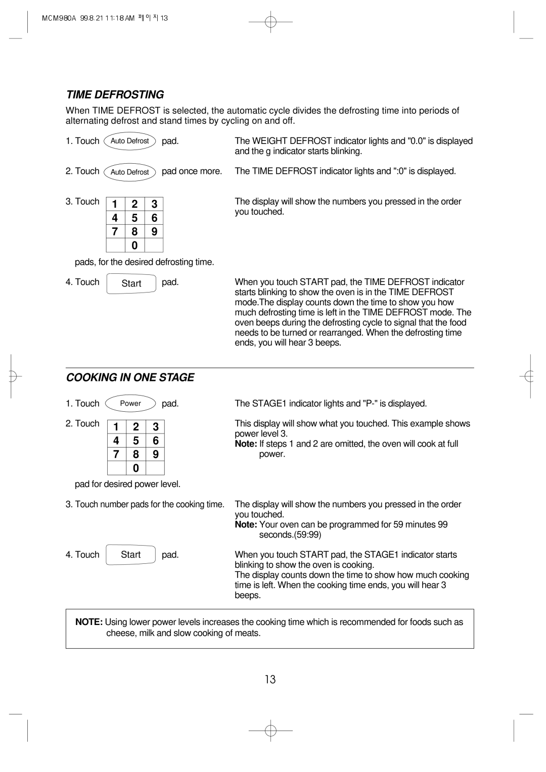 Daewoo MCM980A manual Time Defrosting, Cooking in ONE Stage, Pad 