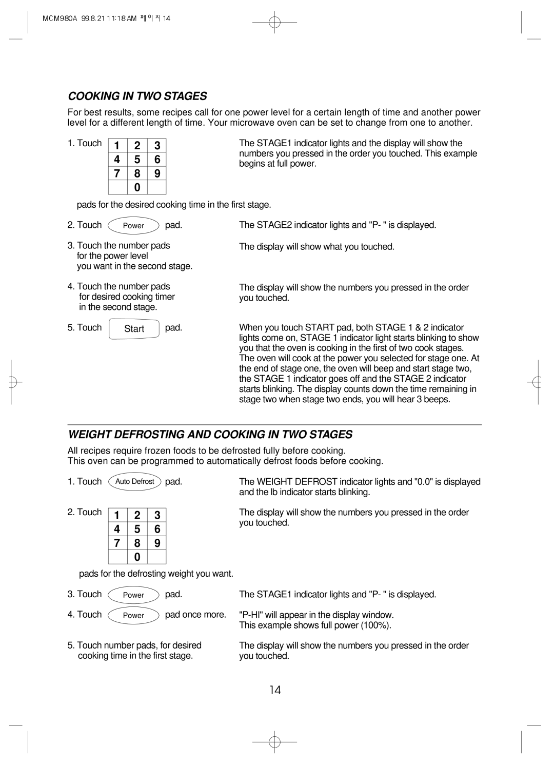 Daewoo MCM980A manual Weight Defrosting and Cooking in TWO Stages 