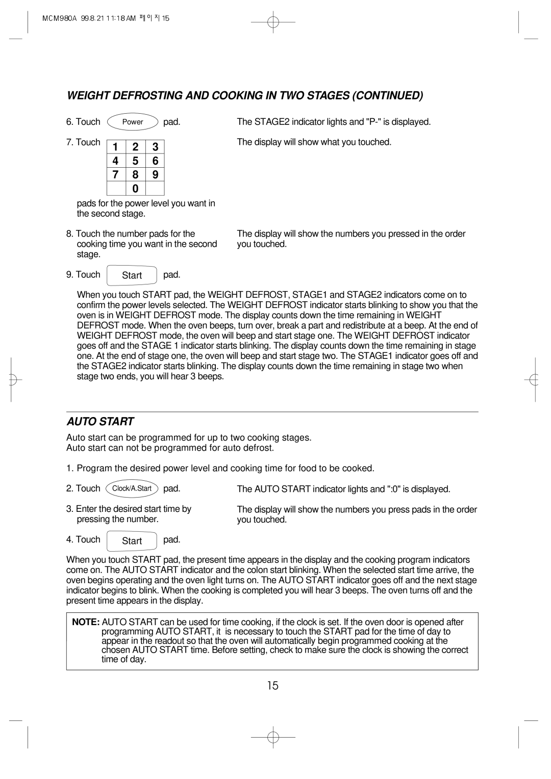 Daewoo MCM980A manual Auto Start, Display will show what you touched 
