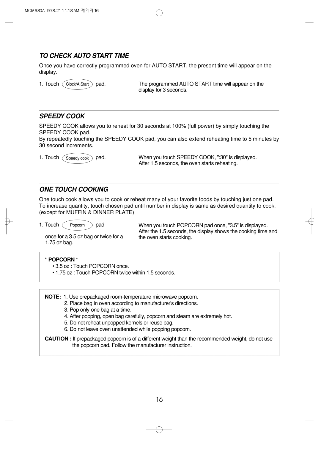 Daewoo MCM980A manual To Check Auto Start Time, Speedy Cook, ONE Touch Cooking 