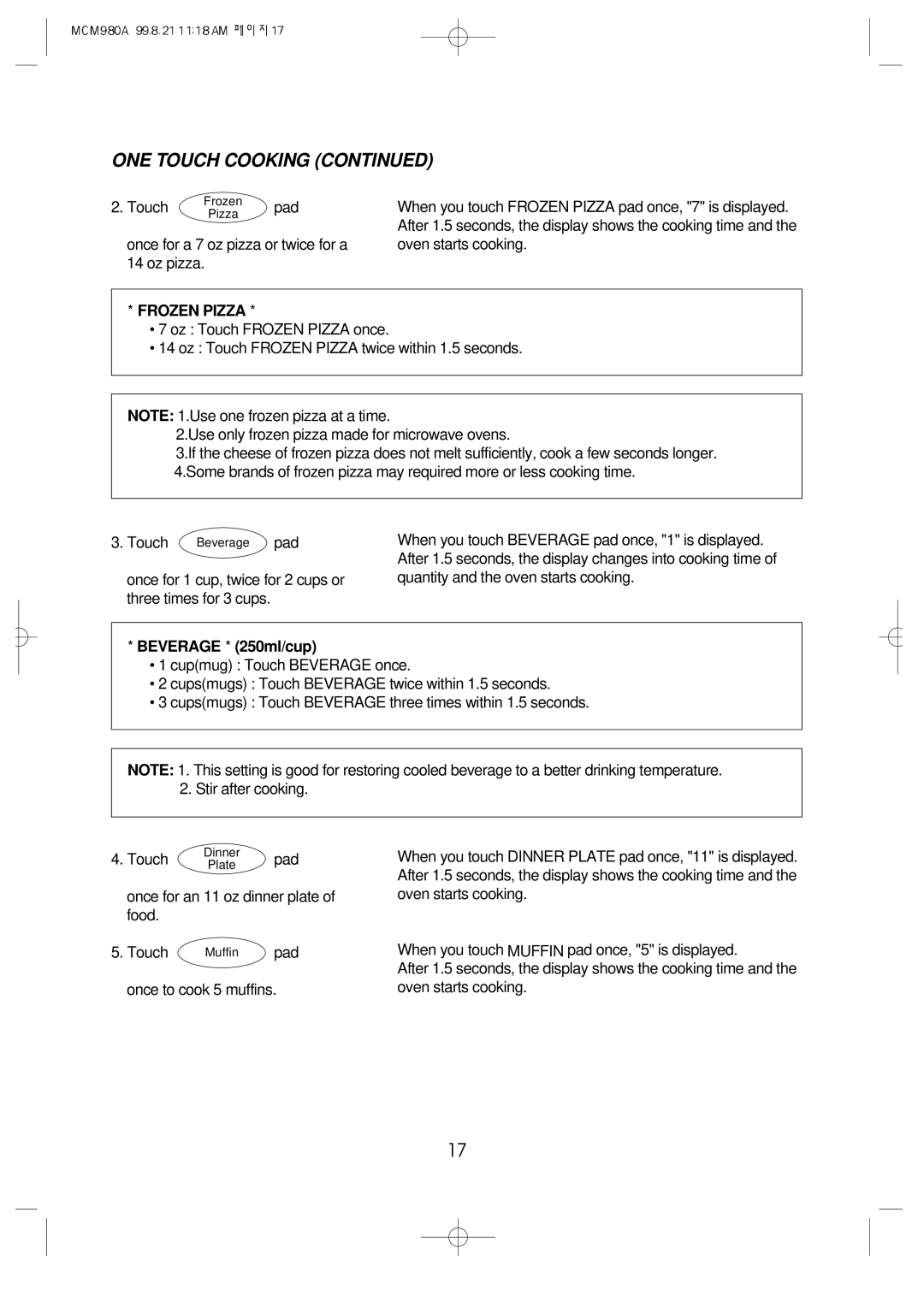 Daewoo MCM980A manual Frozen Pizza, Beverage * 250ml/cup 