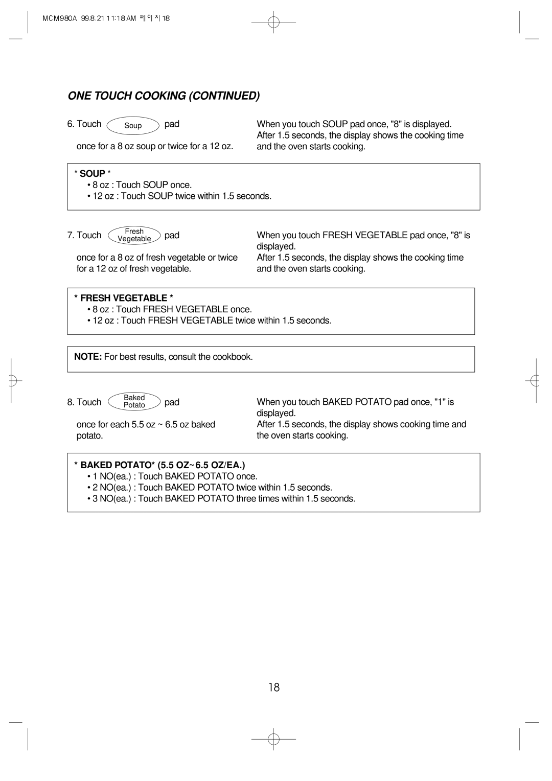Daewoo MCM980A manual Soup, Baked POTATO* 5.5 OZ~ 6.5 OZ/EA 